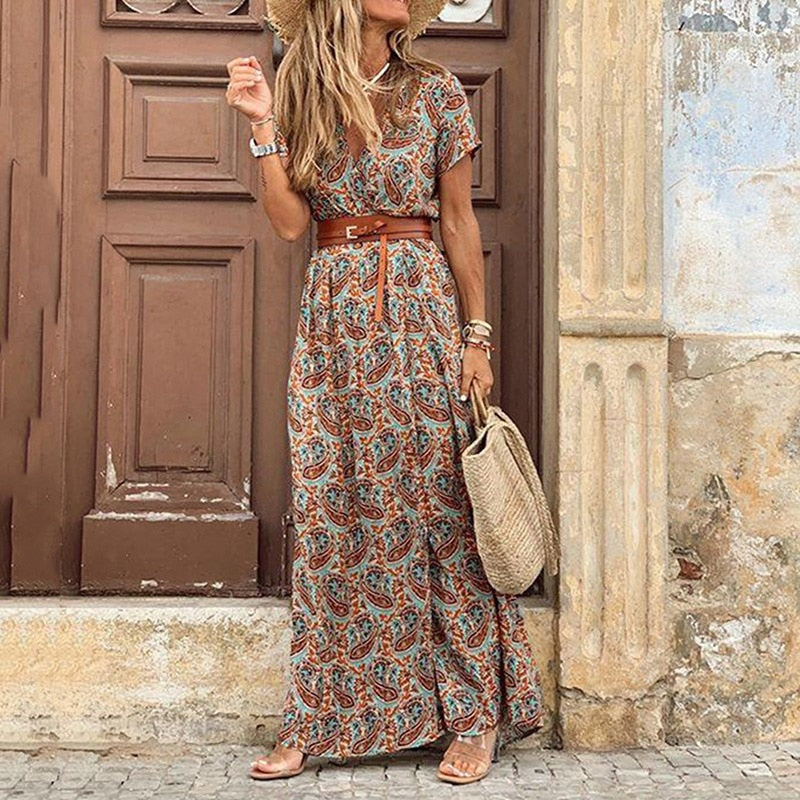 Bohemian Floral Print Cotton Dress for Women - Lightweight Casual Summer Wear