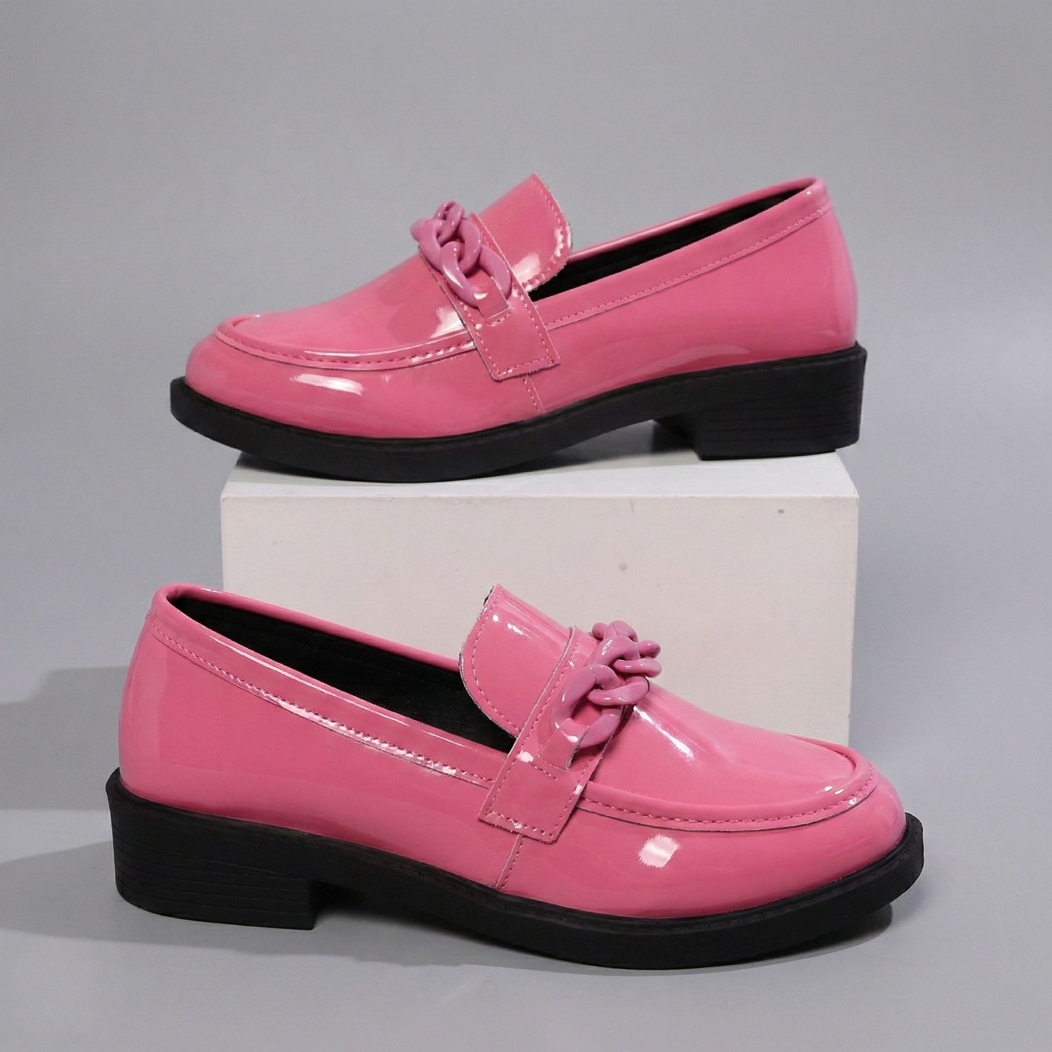 Chunky Chain Loafers - Vegan Leather Slip-On Shoes for Women - Casual & Dressy