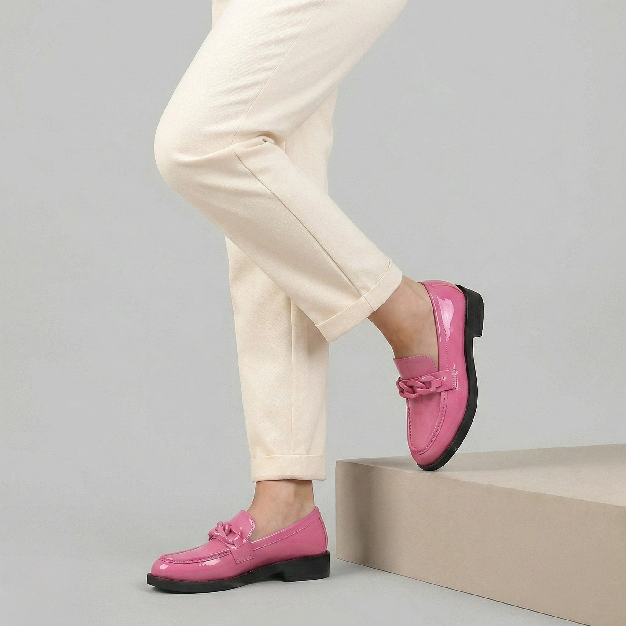 Chunky Chain Loafers - Vegan Leather Slip-On Shoes for Women - Casual & Dressy