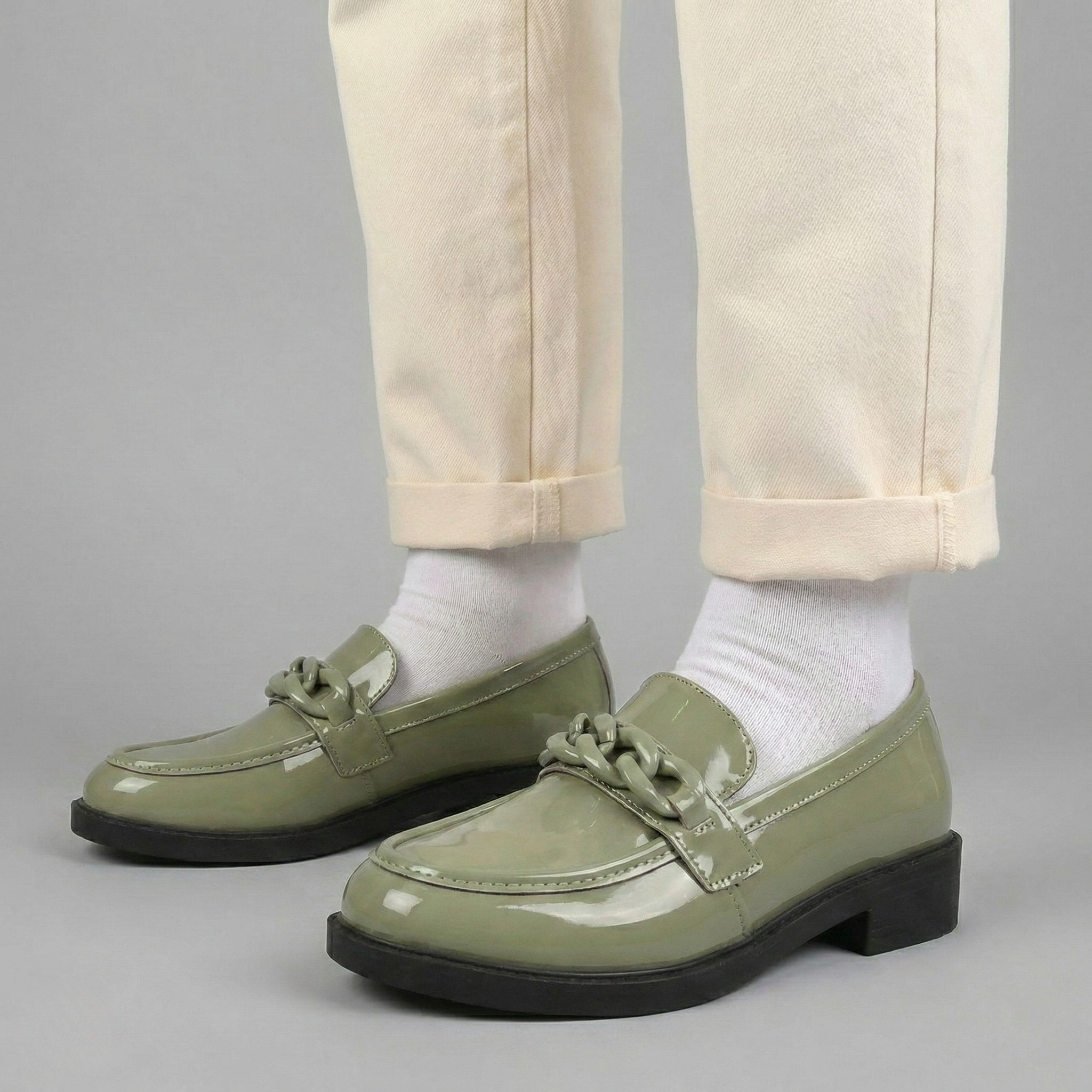 Chunky Chain Loafers - Vegan Leather Slip-On Shoes for Women - Casual & Dressy