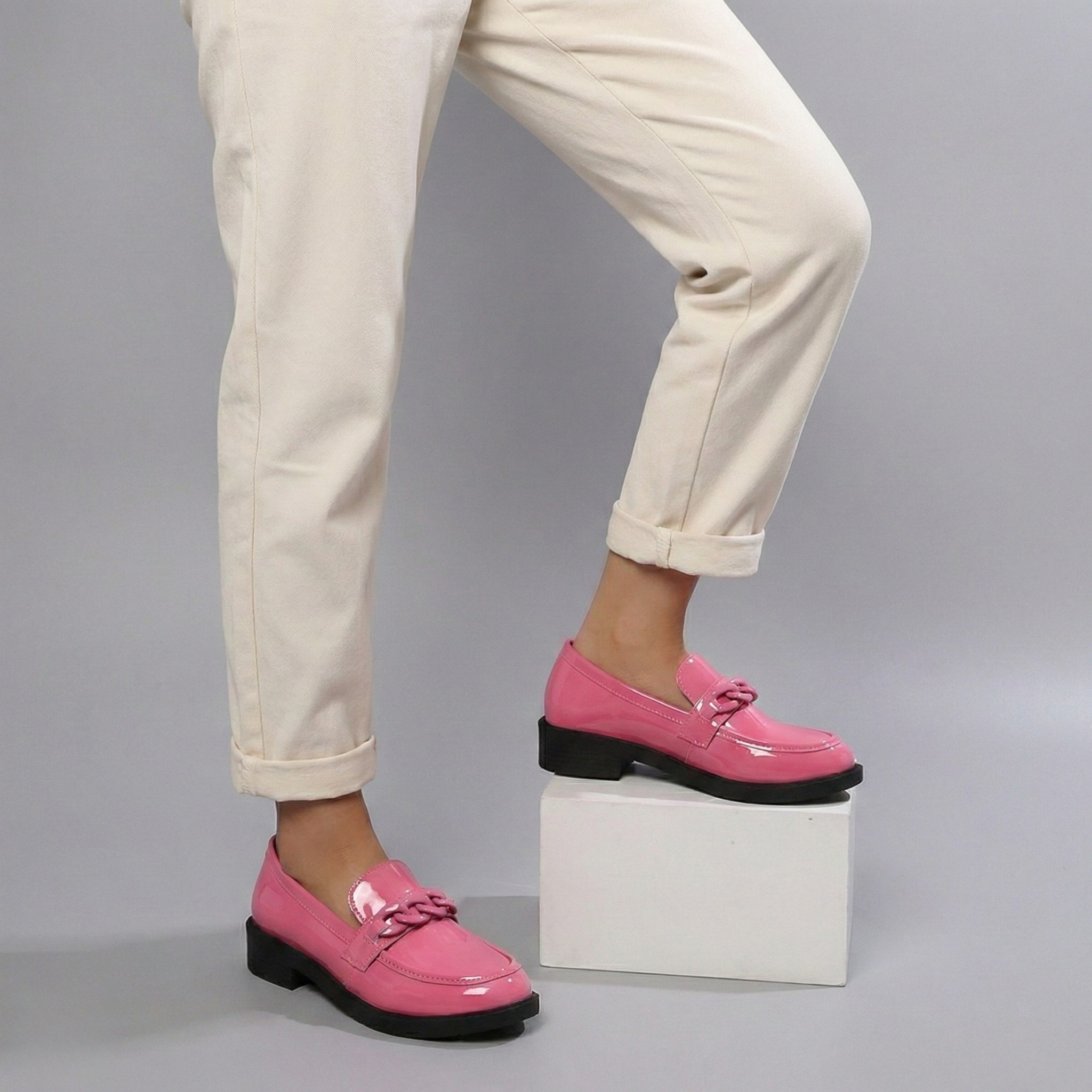 Chunky Chain Loafers - Vegan Leather Slip-On Shoes for Women - Casual & Dressy