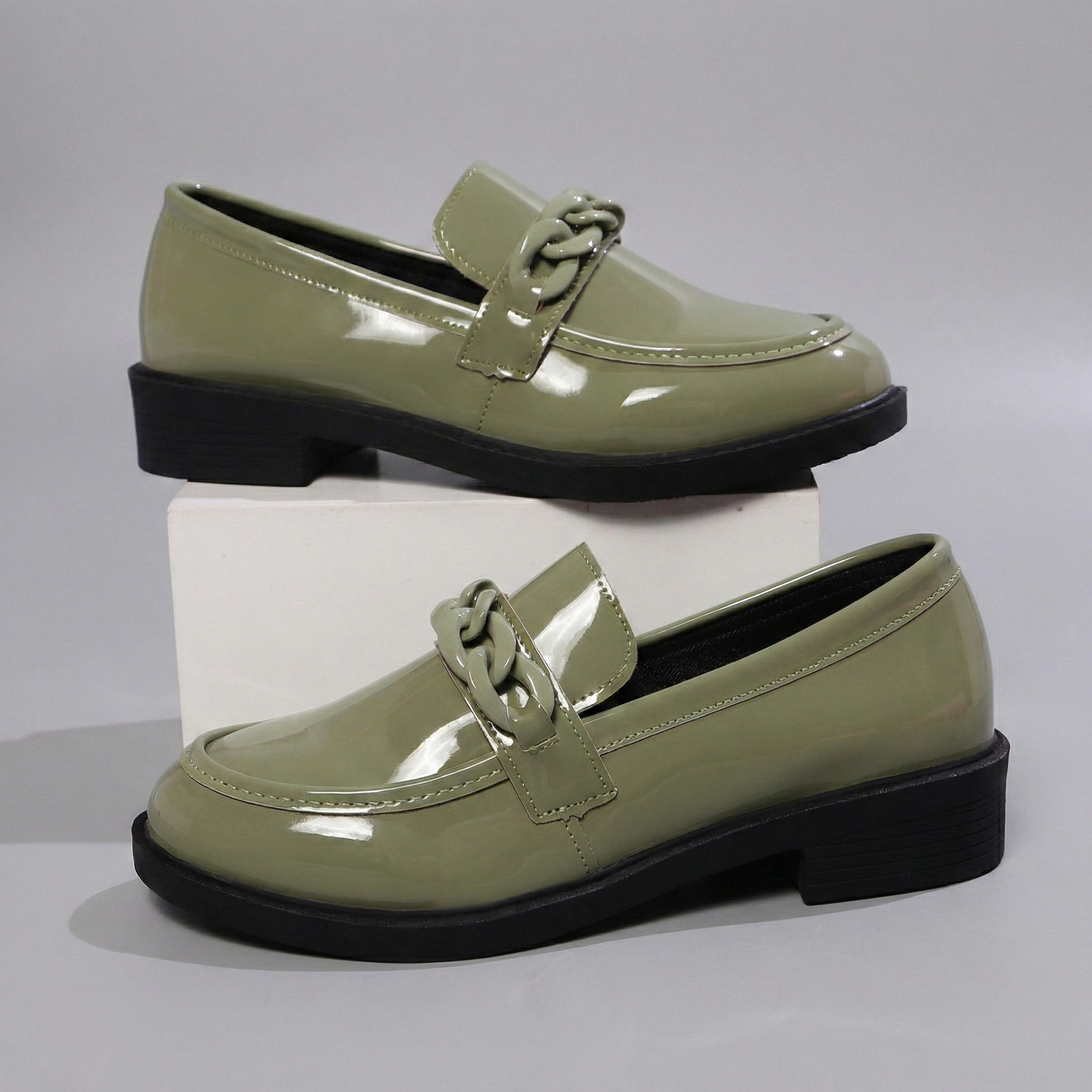 Chunky Chain Loafers - Vegan Leather Slip-On Shoes for Women - Casual & Dressy