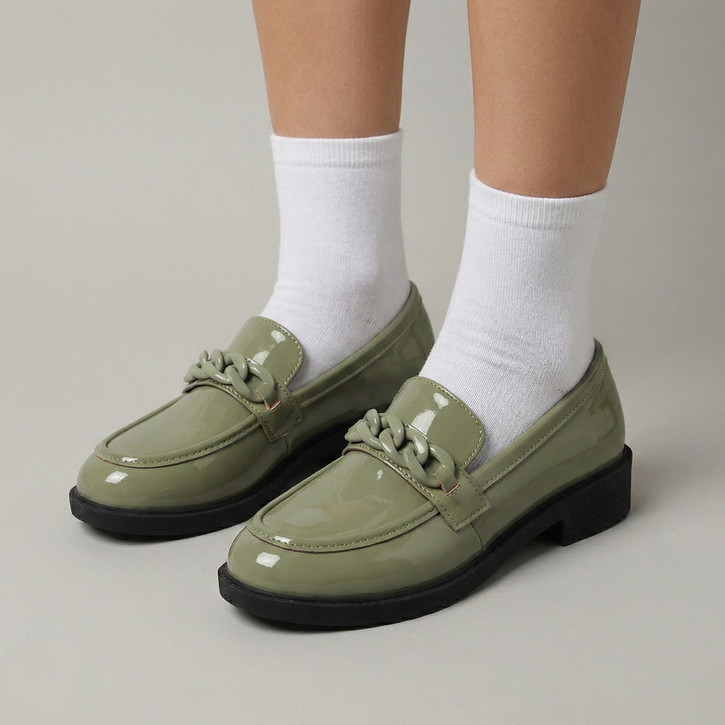 Chunky Chain Loafers - Vegan Leather Slip-On Shoes for Women - Casual & Dressy