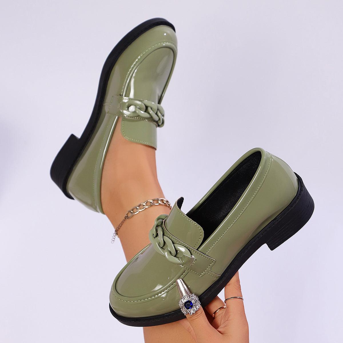 Chunky Chain Loafers - Vegan Leather Slip-On Shoes for Women - Casual & Dressy