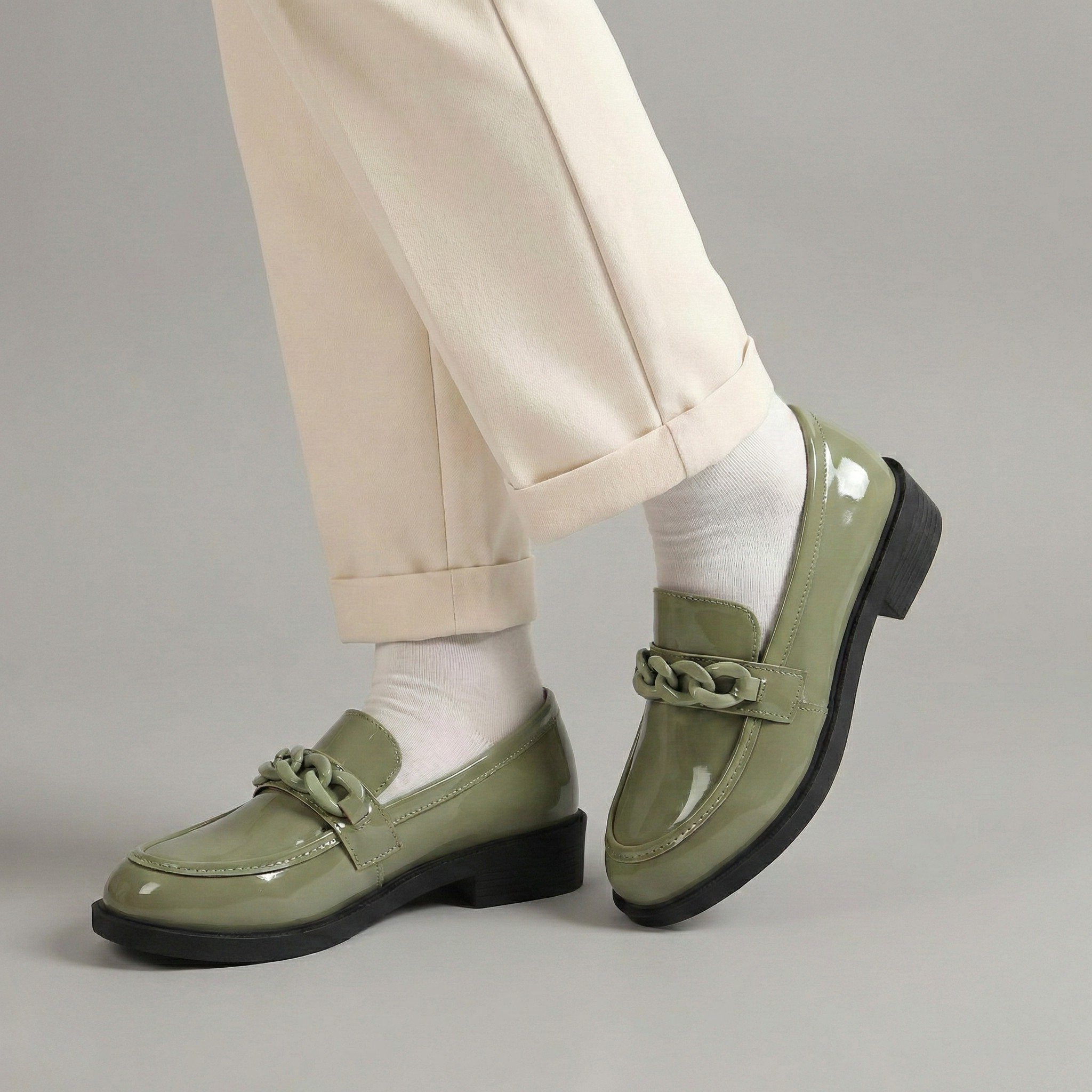 Chunky Chain Loafers - Vegan Leather Slip-On Shoes for Women - Casual & Dressy