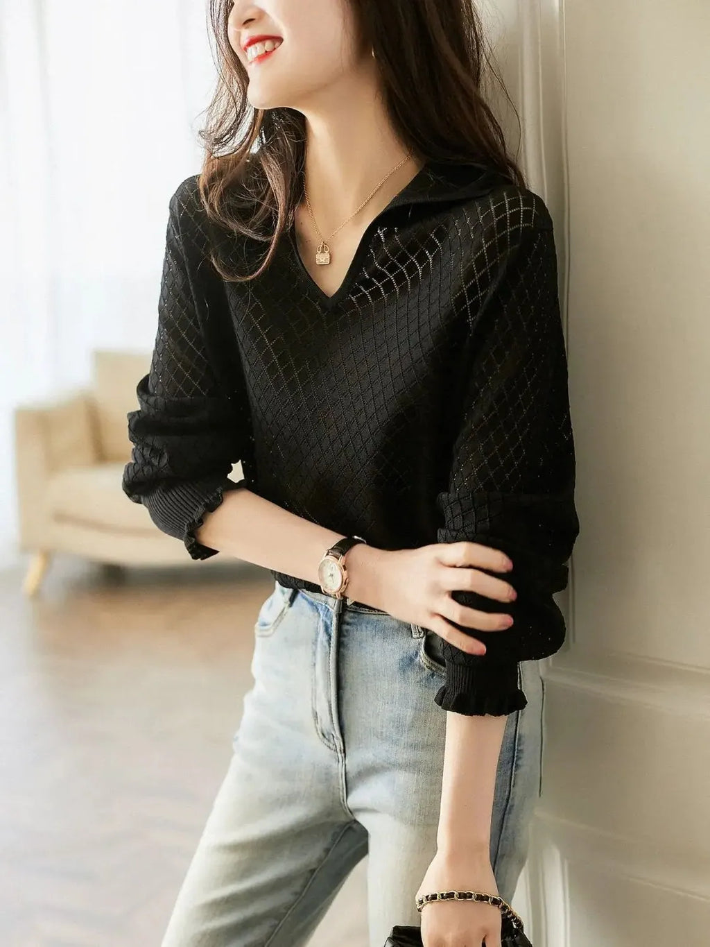 Céleste Diamond Knit Women's Casual Sweater for Everyday Wear