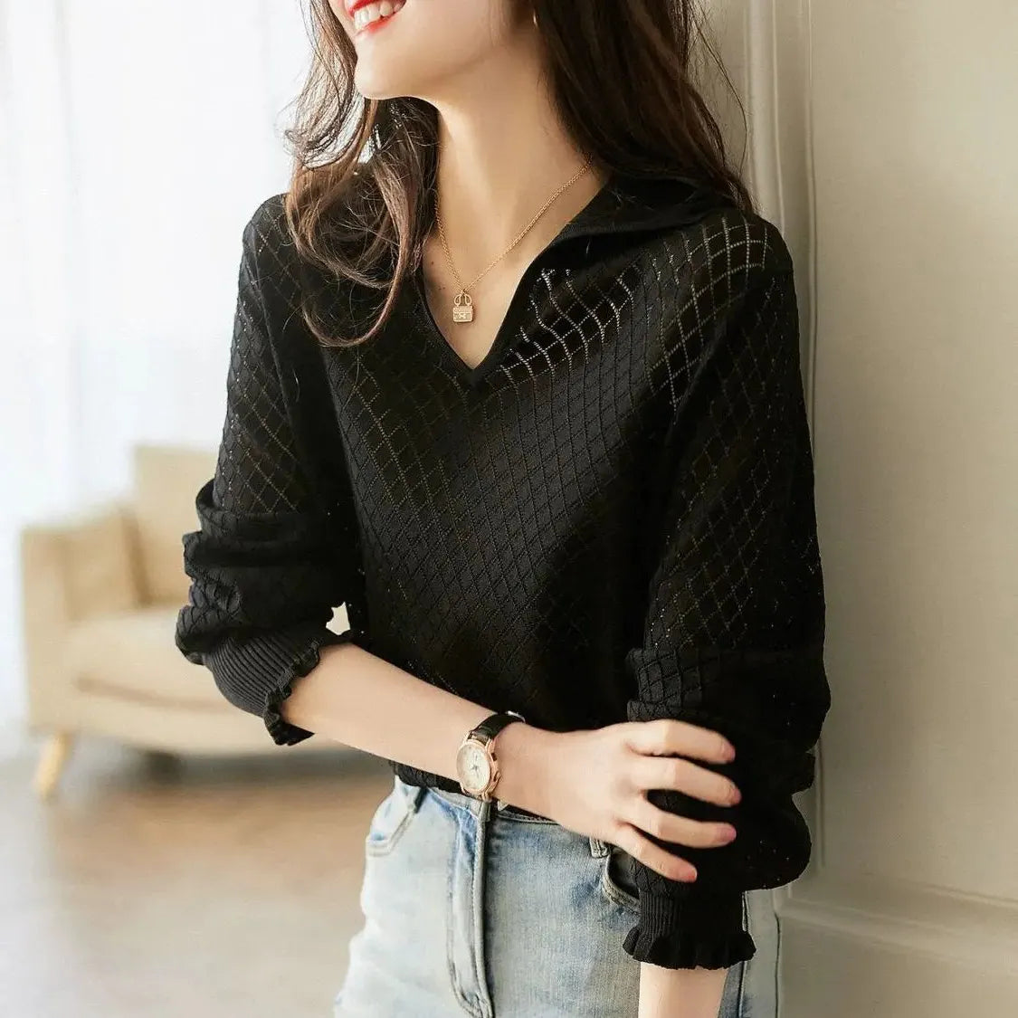 Céleste Diamond Knit Women's Casual Sweater for Everyday Wear