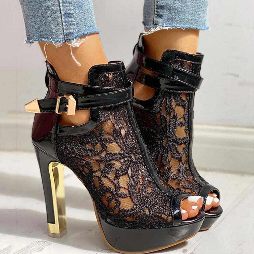 Lace Mesh Open Toe High Heels for Women - Elegant Evening Footwear
