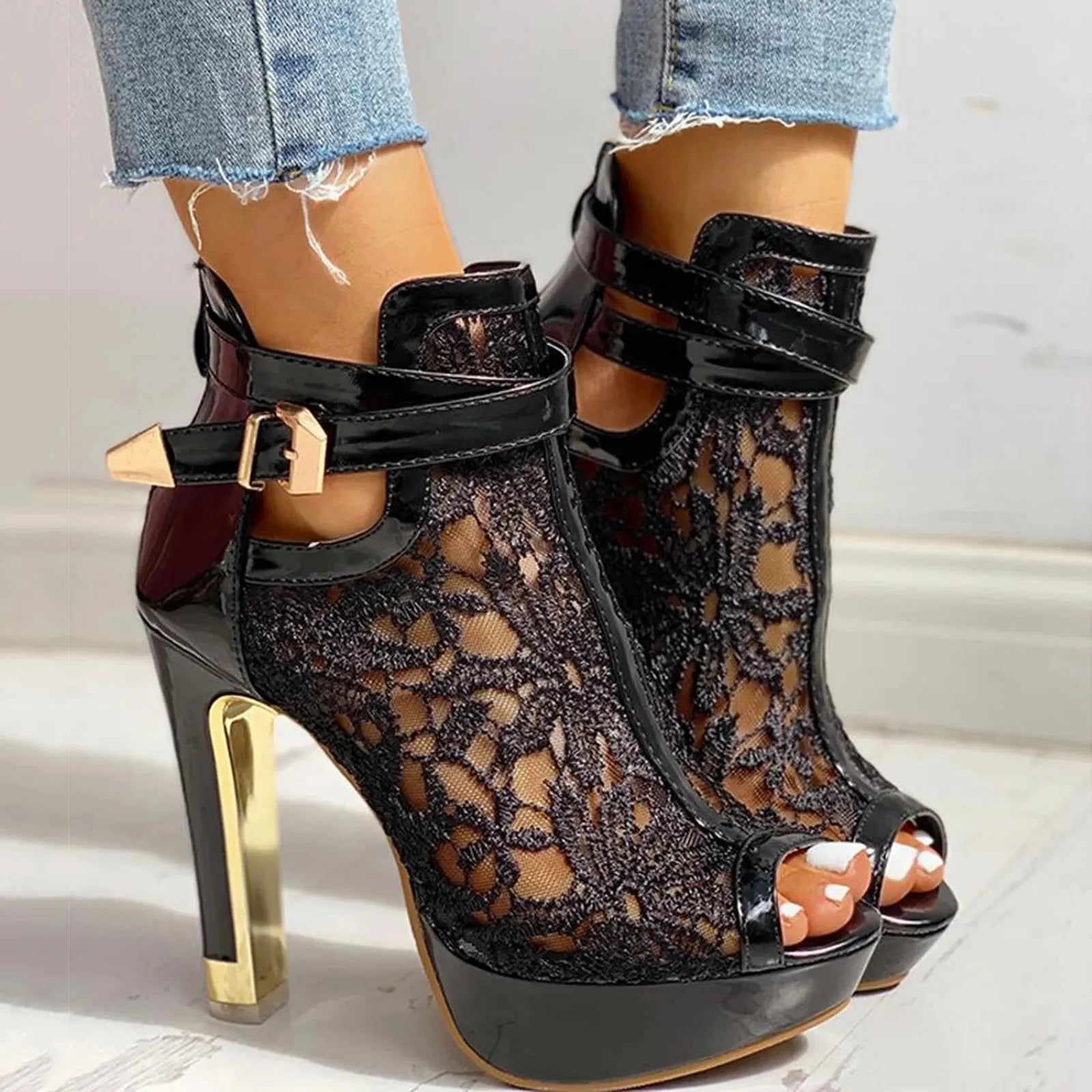 Lace Mesh Open Toe High Heels for Women - Elegant Evening Footwear