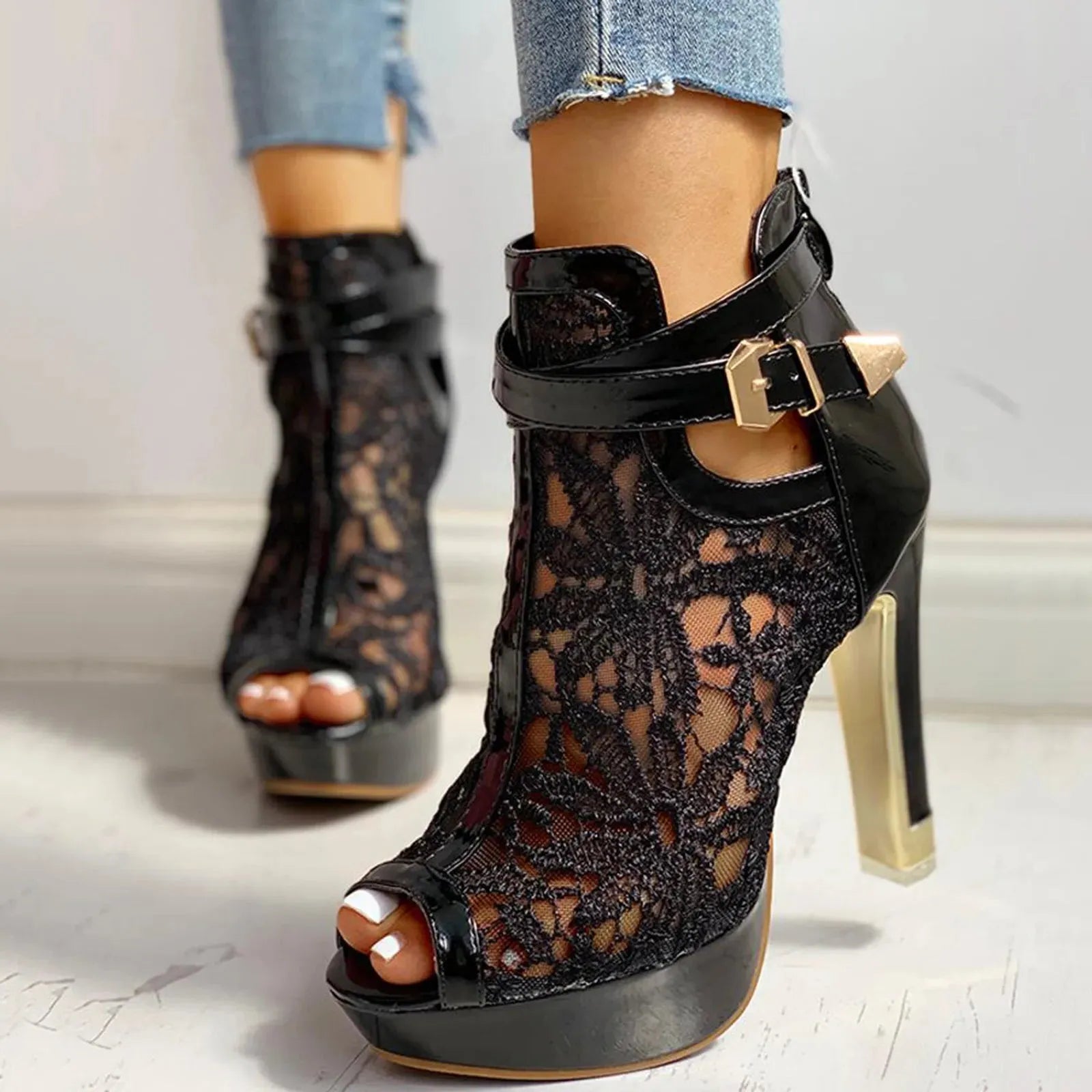 Lace Mesh Open Toe High Heels for Women - Elegant Evening Footwear