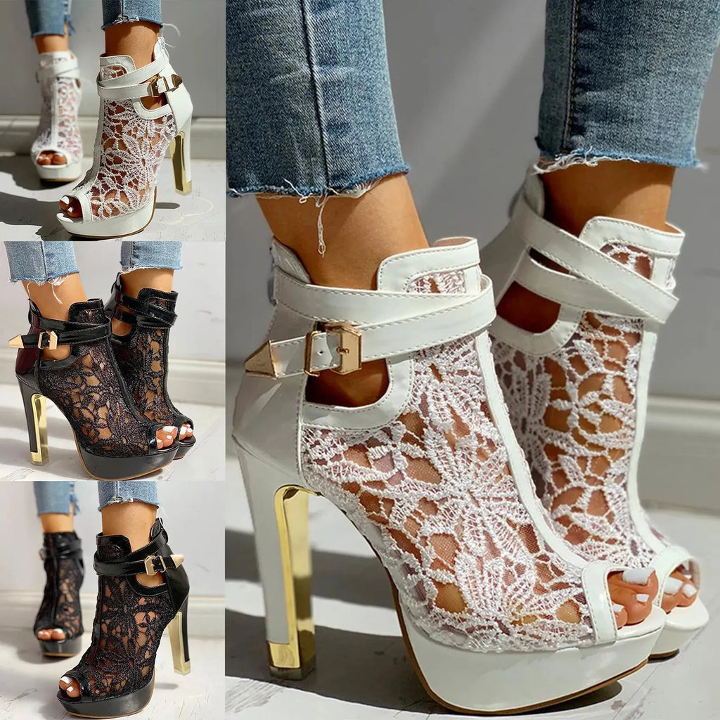 Lace Mesh Open Toe High Heels for Women - Elegant Evening Footwear