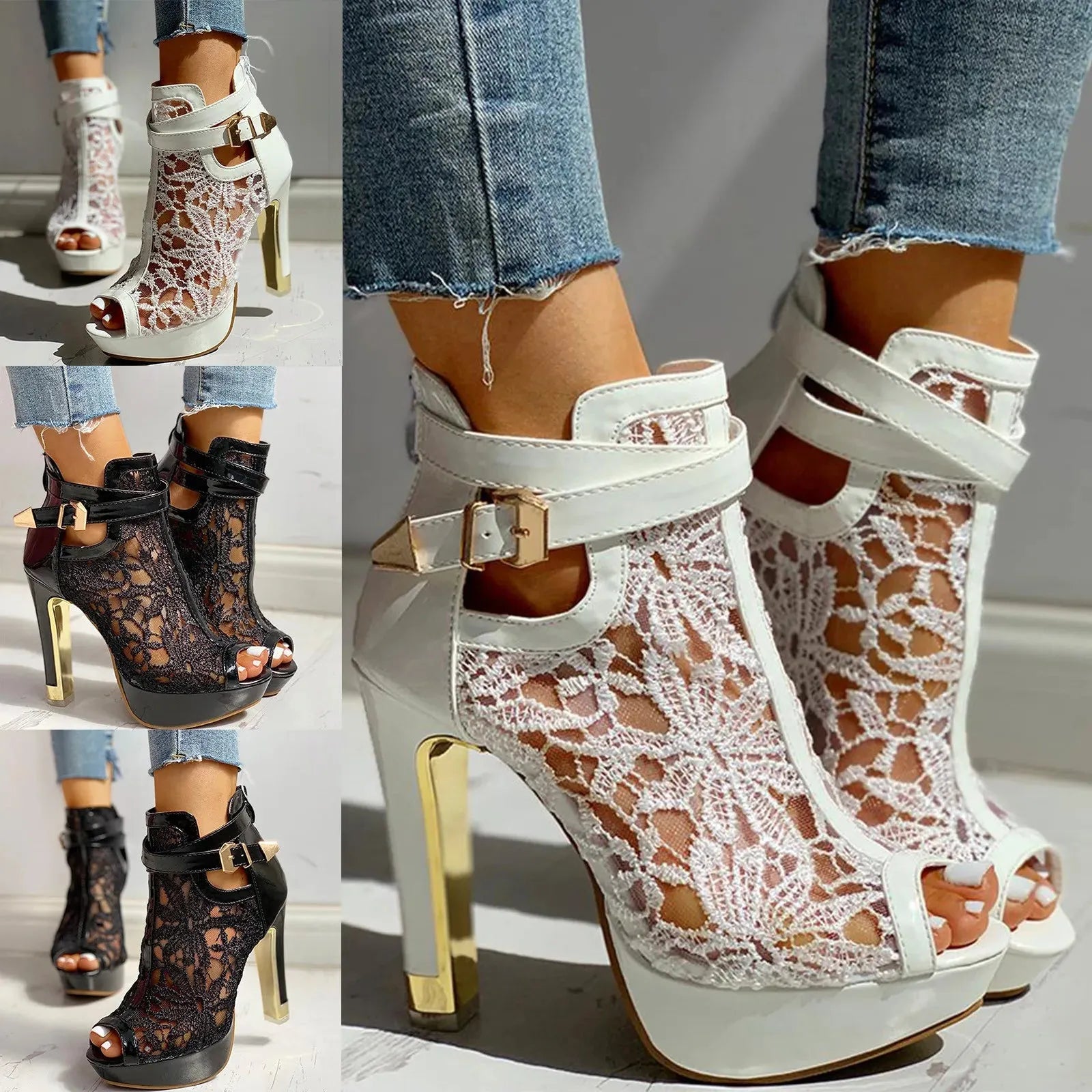 Lace Mesh Open Toe High Heels for Women - Elegant Evening Footwear
