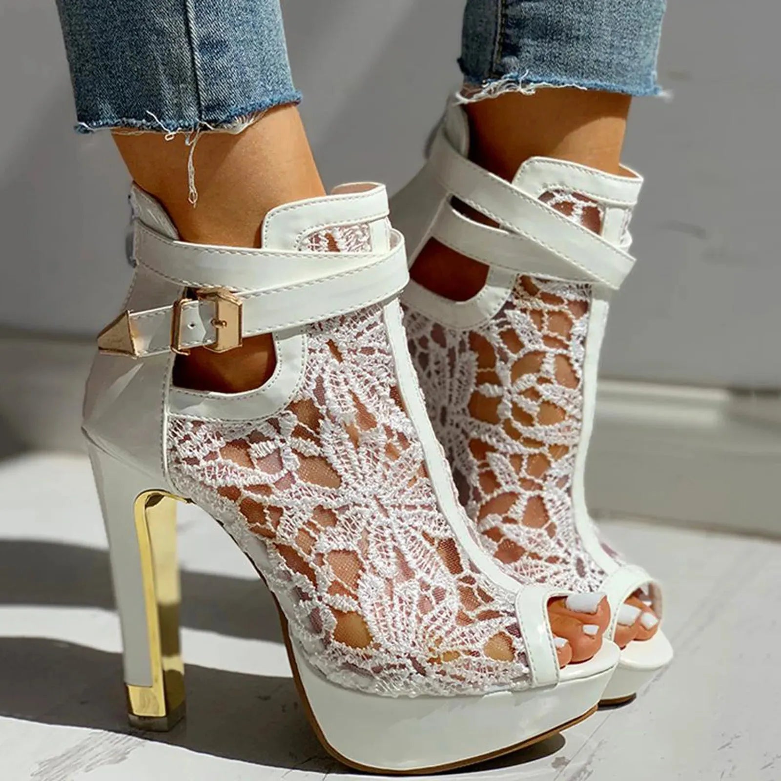 Lace Mesh Open Toe High Heels for Women - Elegant Evening Footwear