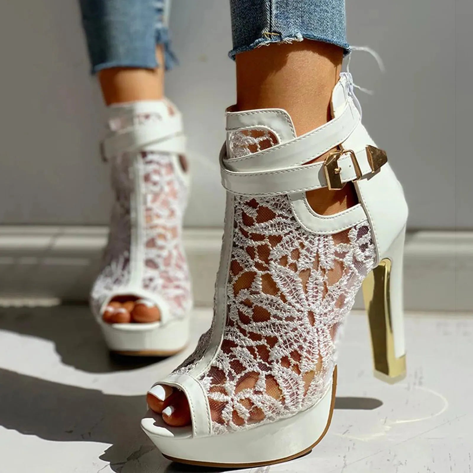 Lace Mesh Open Toe High Heels for Women - Elegant Evening Footwear