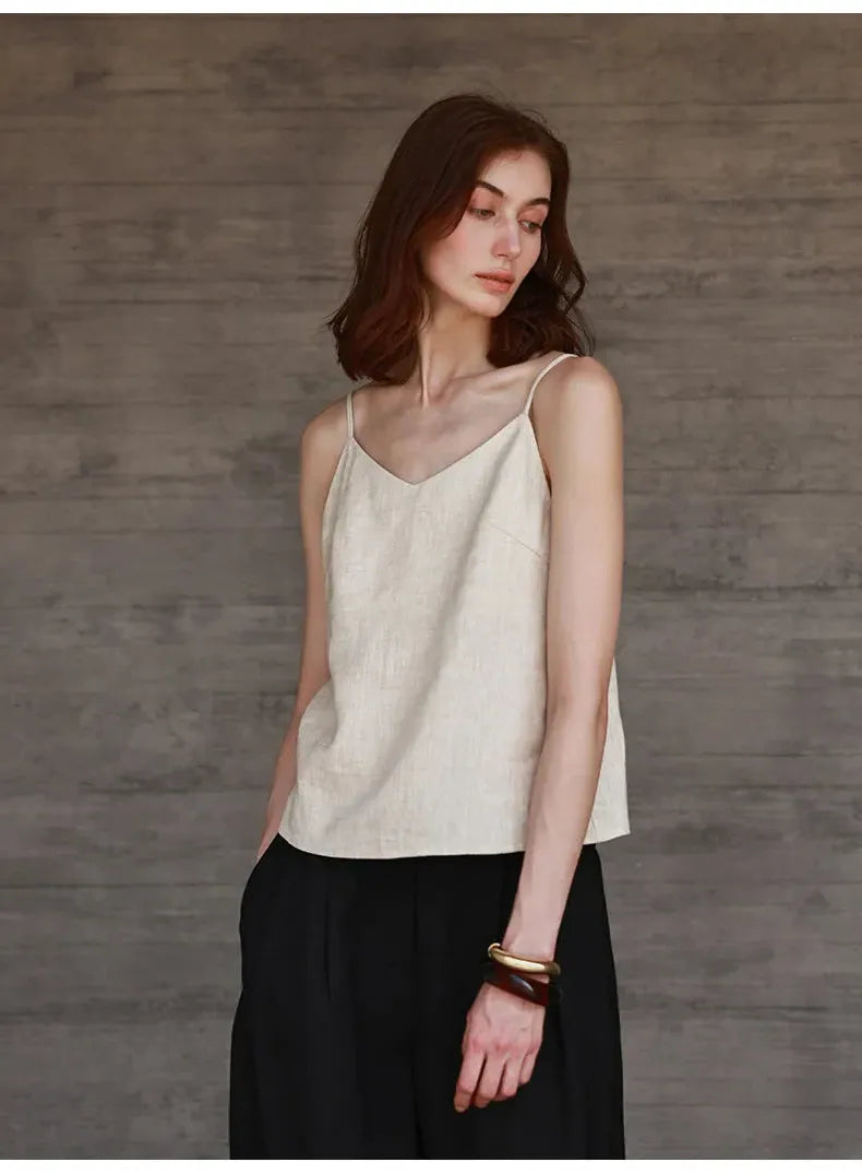 Linen V-Neck Camisole Top for Women - Lightweight Casual Summer Layering