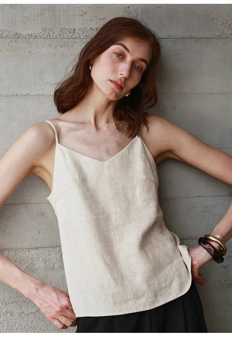 Linen V-Neck Camisole Top for Women - Lightweight Casual Summer Layering