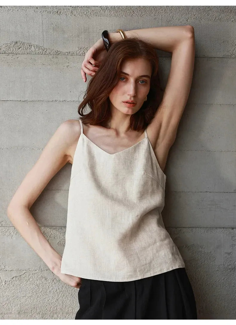 Linen V-Neck Camisole Top for Women - Lightweight Casual Summer Layering