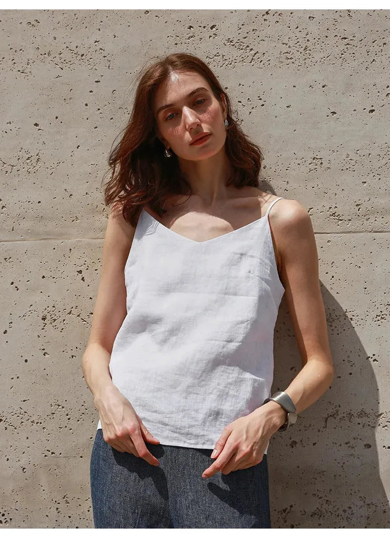 Linen V-Neck Camisole Top for Women - Lightweight Casual Summer Layering