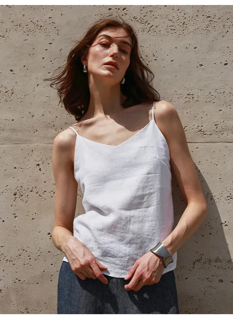 Linen V-Neck Camisole Top for Women - Lightweight Casual Summer Layering