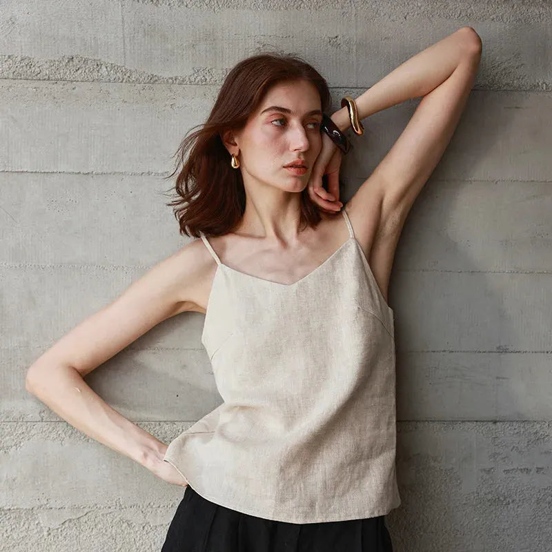 Linen V-Neck Camisole Top for Women - Lightweight Casual Summer Layering