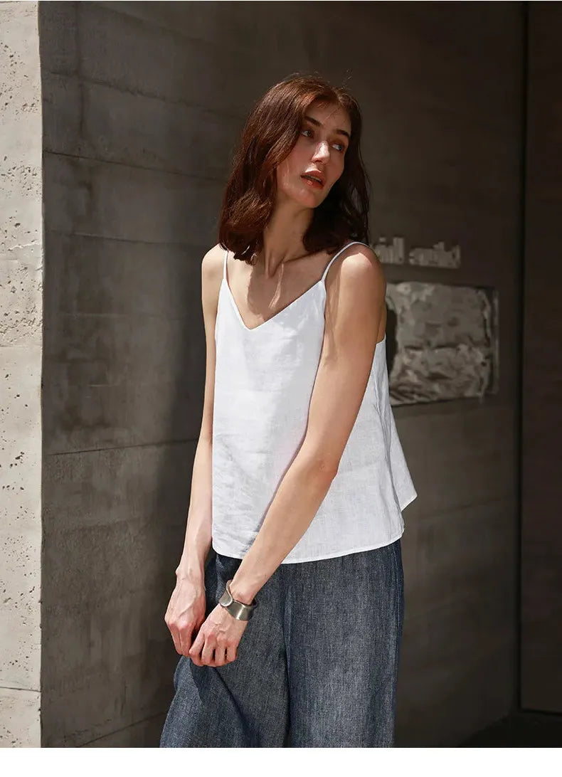 Linen V-Neck Camisole Top for Women - Lightweight Casual Summer Layering