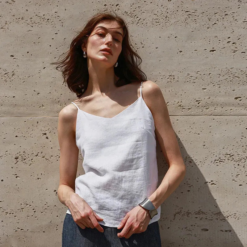 Linen V-Neck Camisole Top for Women - Lightweight Casual Summer Layering