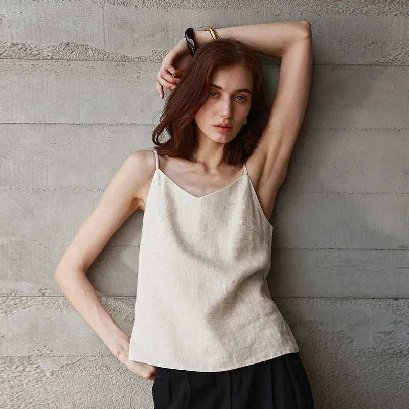 Linen V-Neck Camisole Top for Women - Lightweight Casual Summer Layering