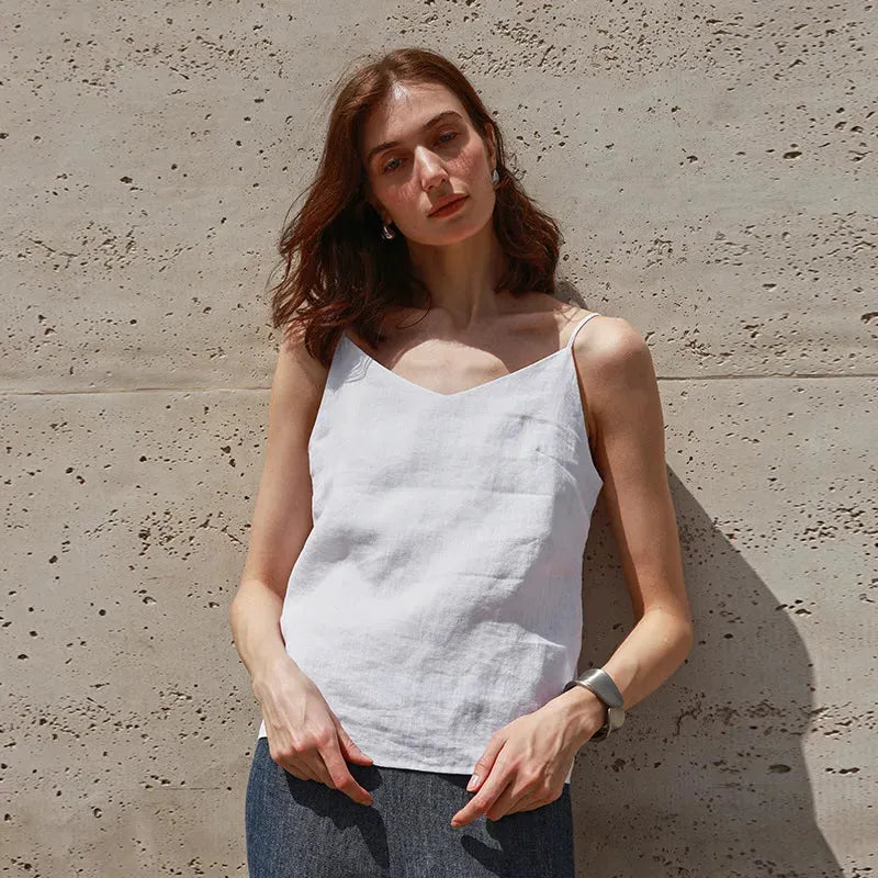 Linen V-Neck Camisole Top for Women - Lightweight Casual Summer Layering