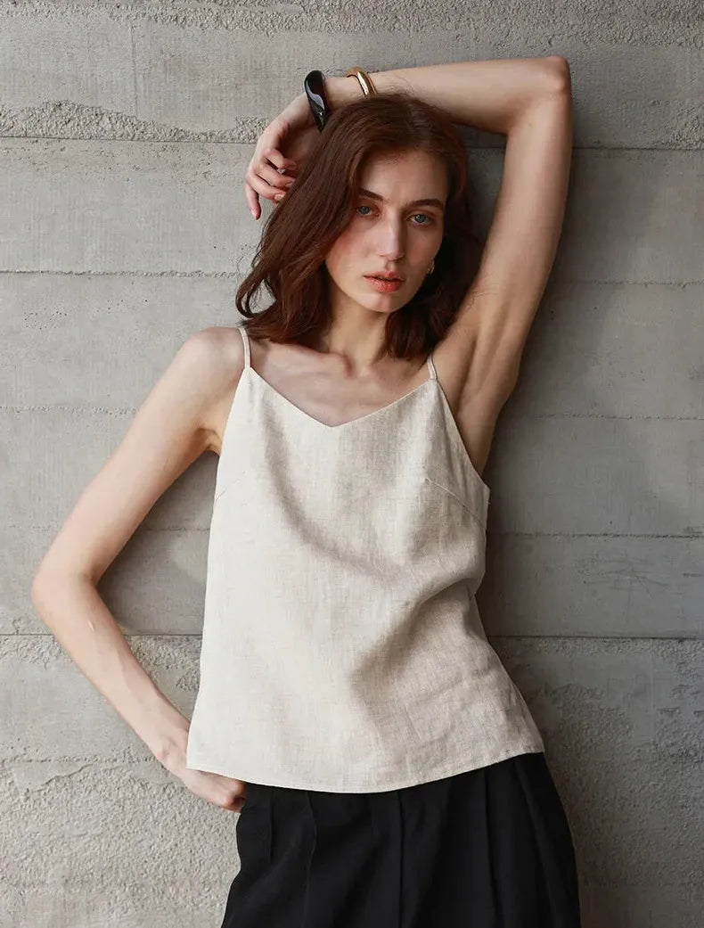 Linen V-Neck Camisole Top for Women - Lightweight Casual Summer Layering