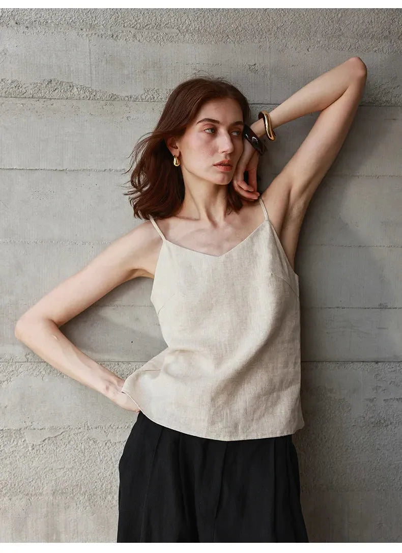 Linen V-Neck Camisole Top for Women - Lightweight Casual Summer Layering