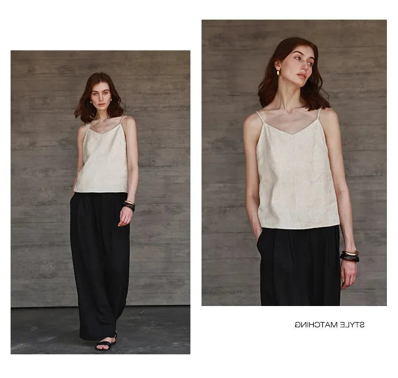 Linen V-Neck Camisole Top for Women - Lightweight Casual Summer Layering