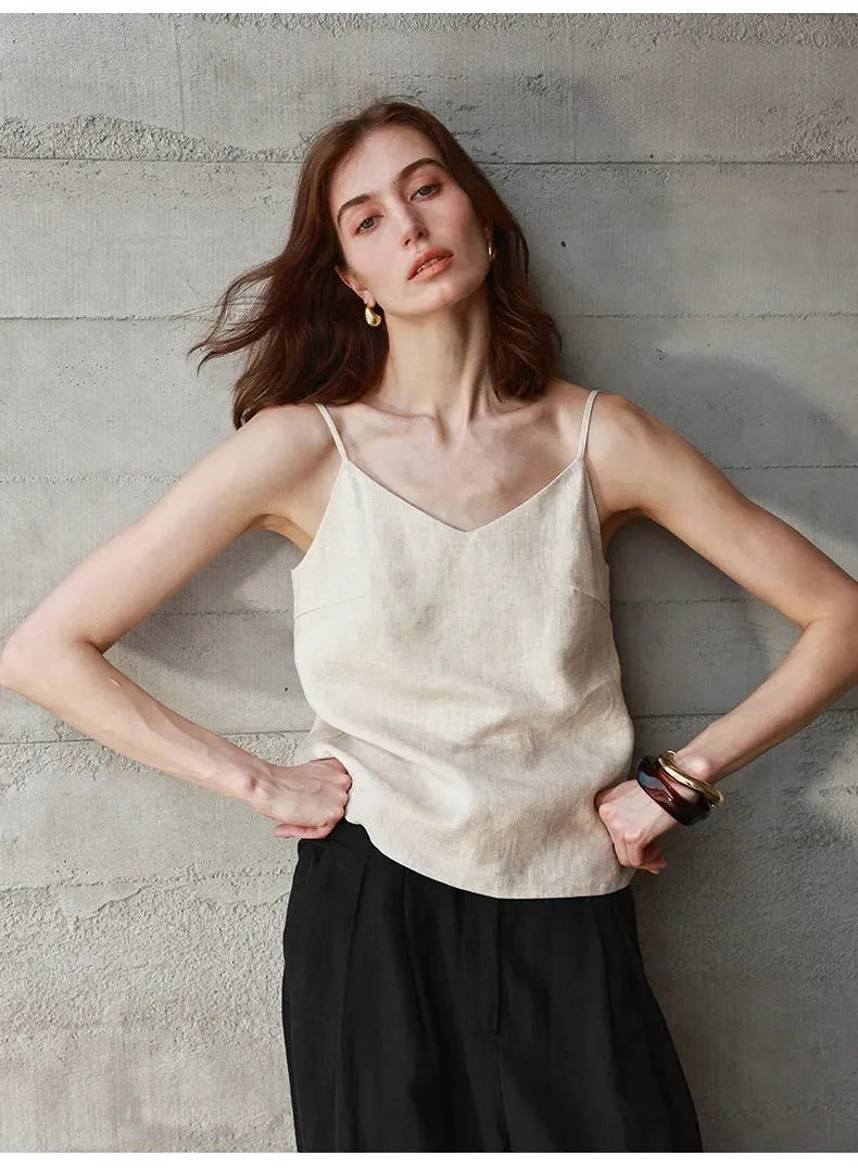 Linen V-Neck Camisole Top for Women - Lightweight Casual Summer Layering