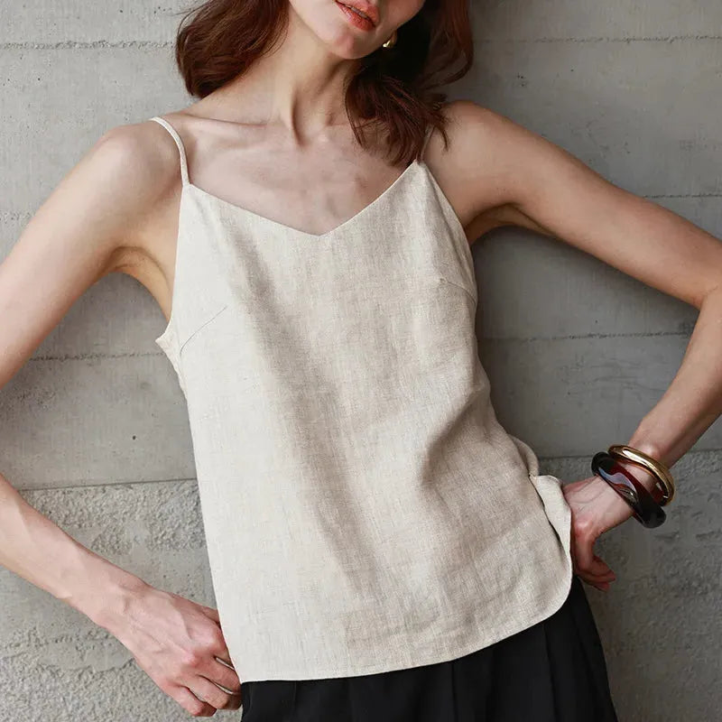 Linen V-Neck Camisole Top for Women - Lightweight Casual Summer Layering