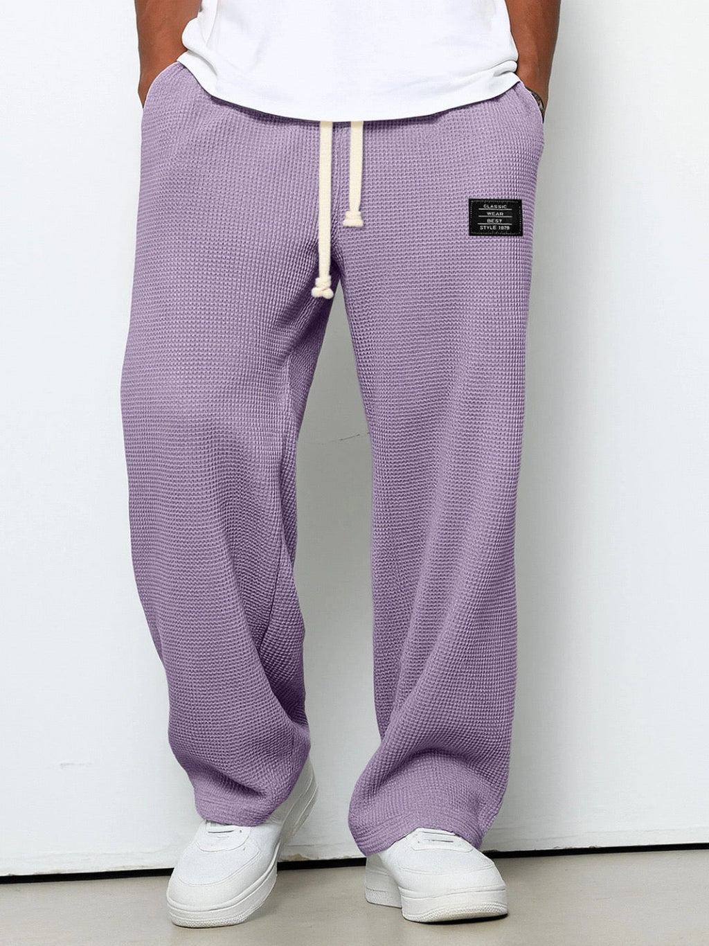 Men's Waffle-Textured Full-Length Pants with Drawstring and Side Pockets