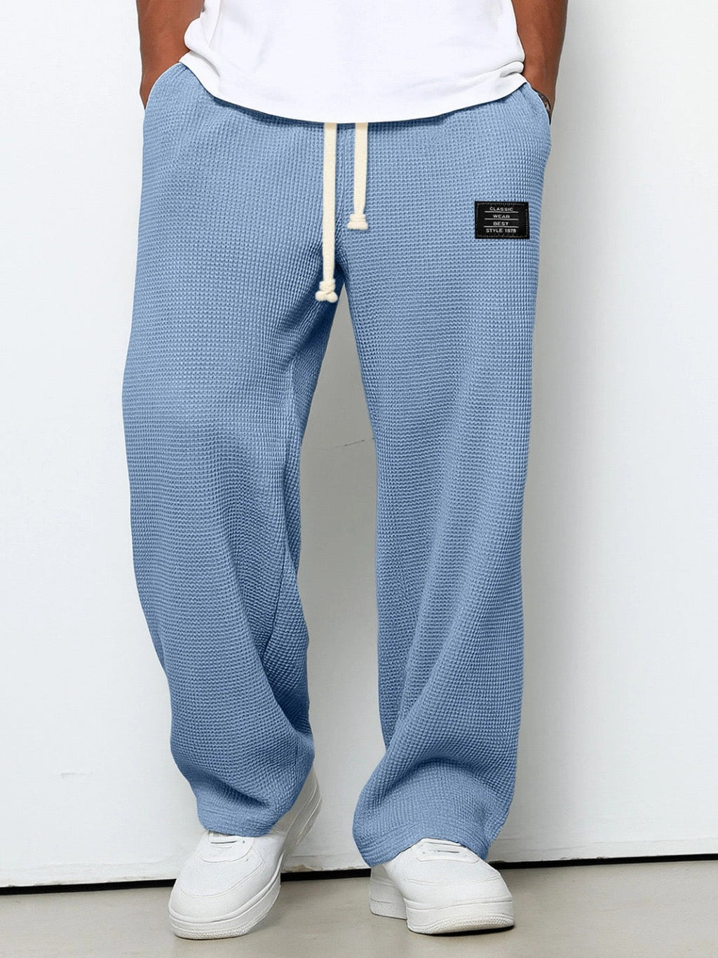 Men's Waffle-Textured Full-Length Pants with Drawstring and Side Pockets