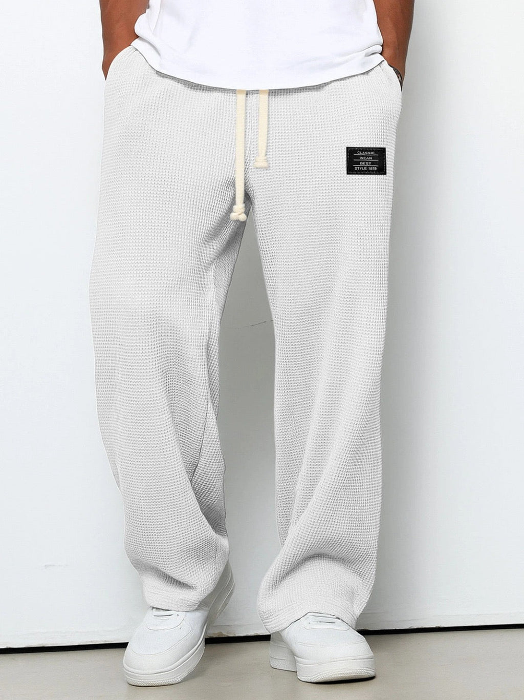 Men's Waffle-Textured Full-Length Pants with Drawstring and Side Pockets