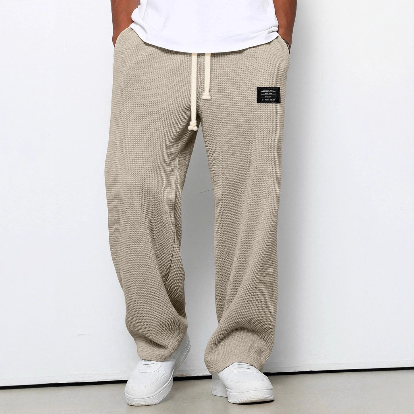 Men's Waffle-Textured Full-Length Pants with Drawstring and Side Pockets