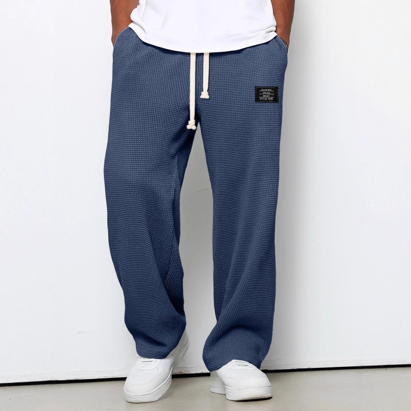 Men's Waffle-Textured Full-Length Pants with Drawstring and Side Pockets