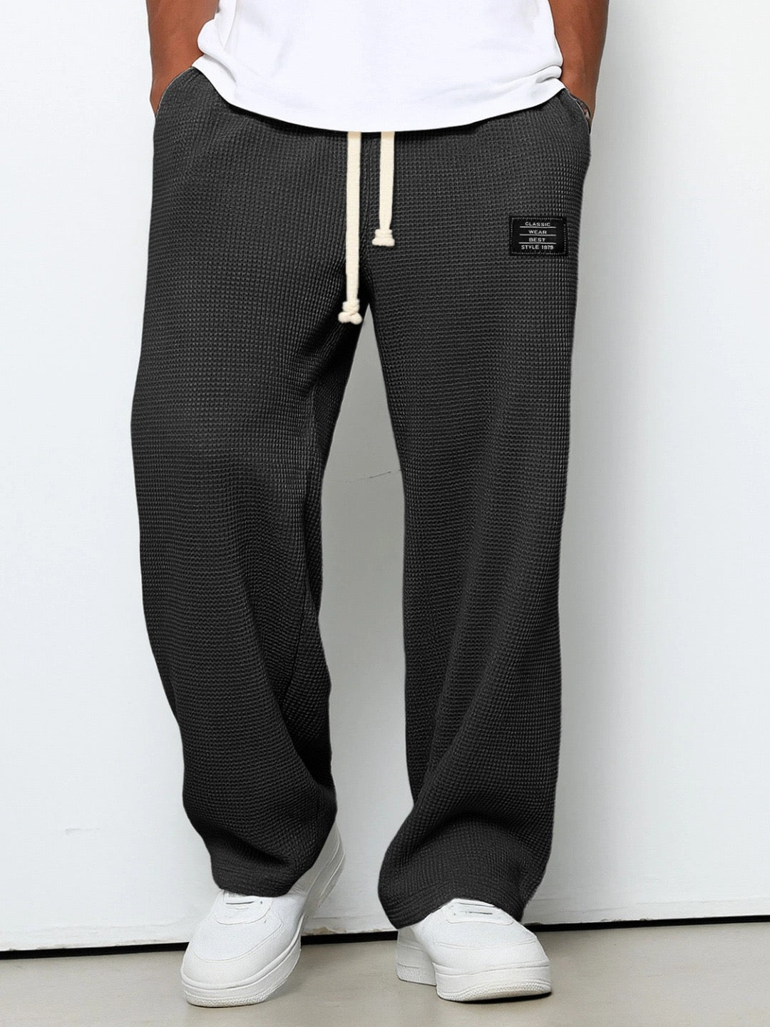 Men's Waffle-Textured Full-Length Pants with Drawstring and Side Pockets