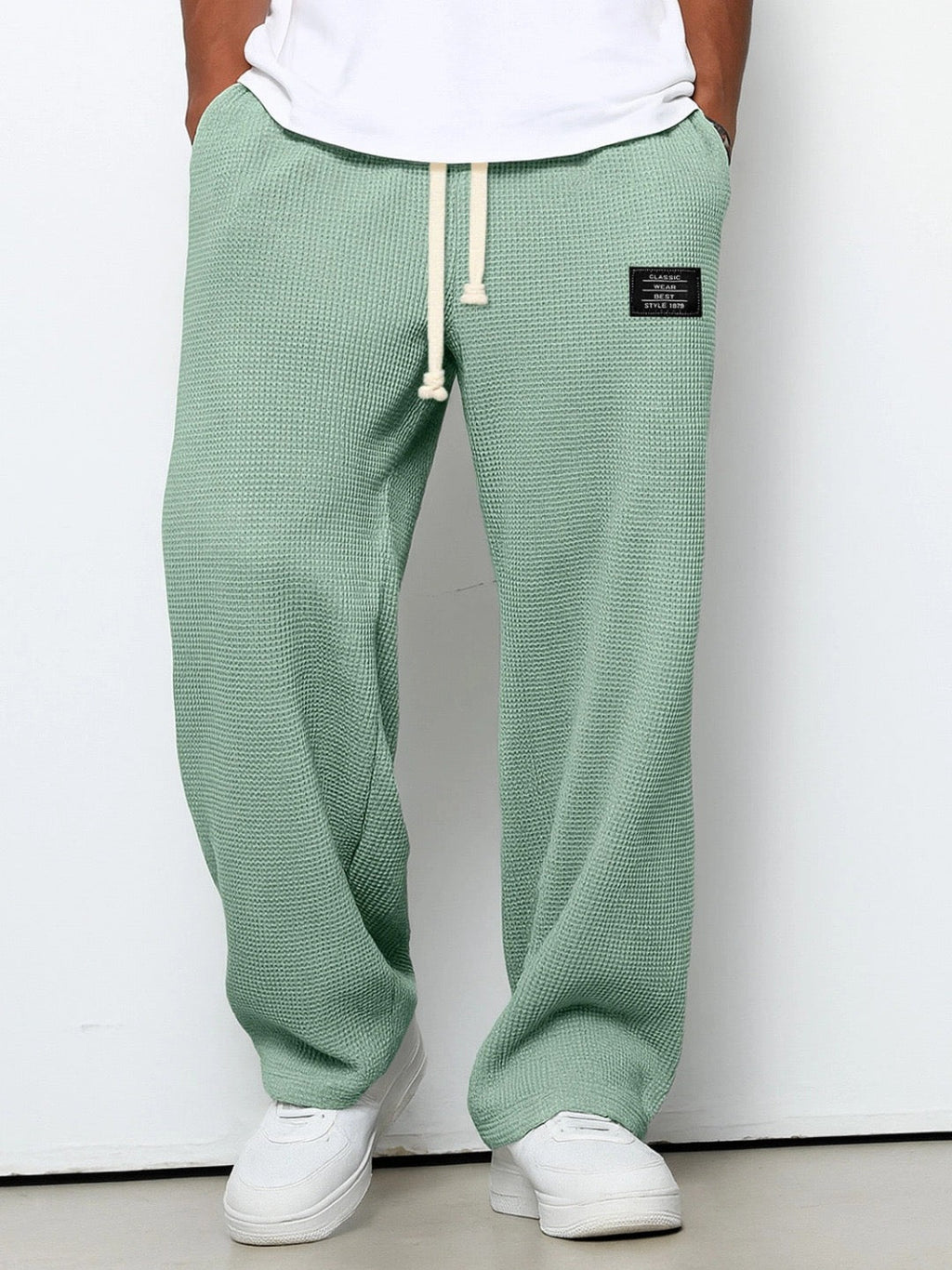 Men's Waffle-Textured Full-Length Pants with Drawstring and Side Pockets