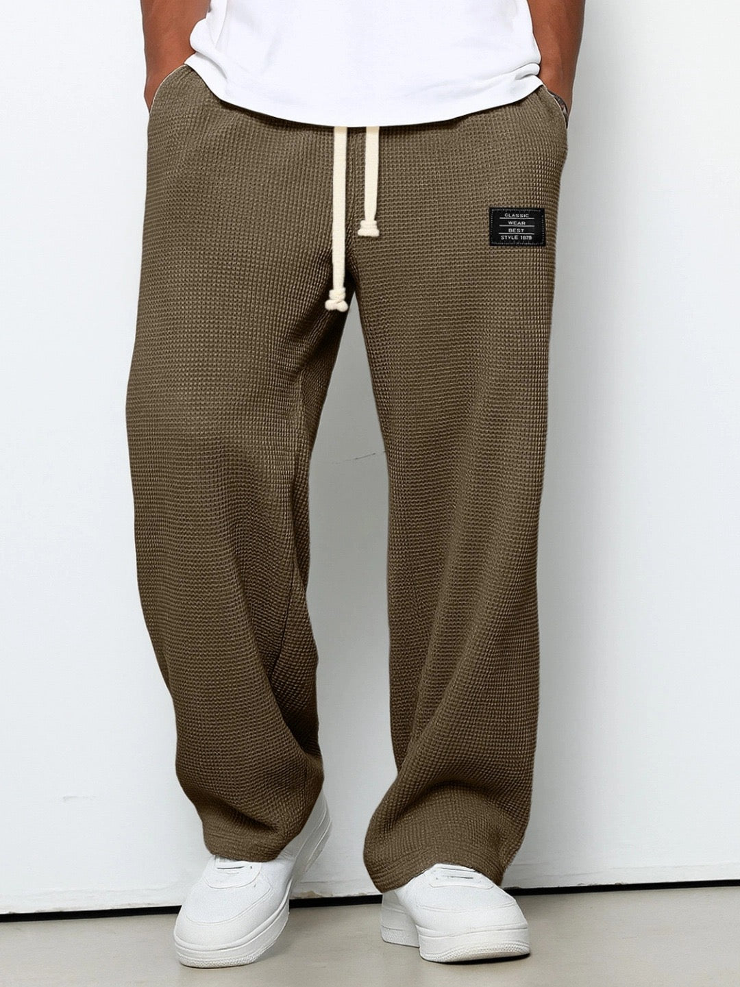 Men's Waffle-Textured Full-Length Pants with Drawstring and Side Pockets
