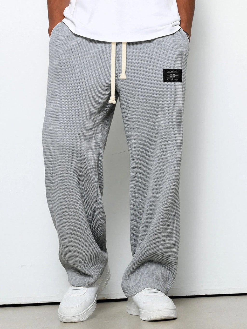 Men's Waffle-Textured Full-Length Pants with Drawstring and Side Pockets