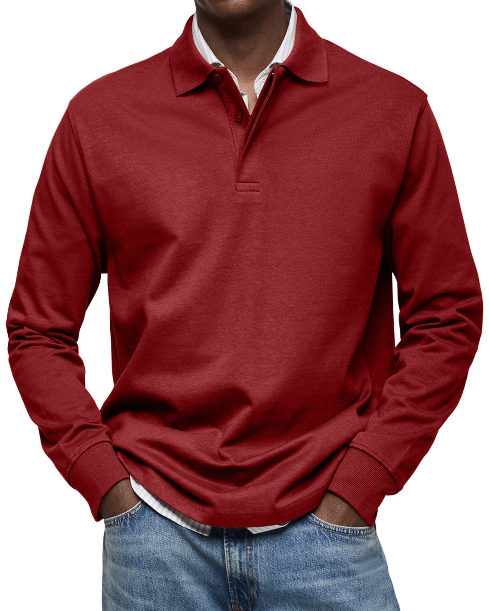 Men's Long-Sleeve Polo Shirt - Button Placket, Fold-Down Collar, Casual Wear