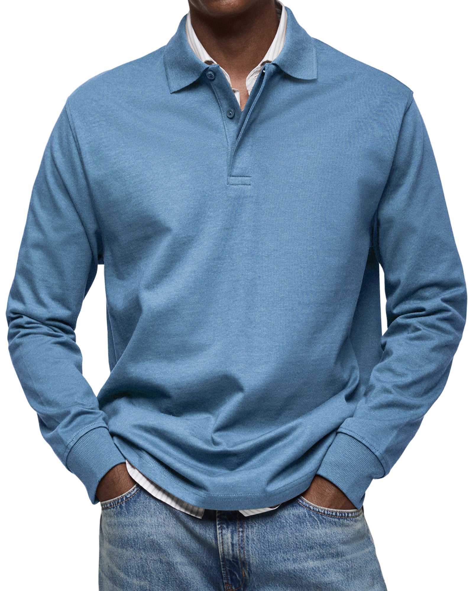 Men's Long-Sleeve Polo Shirt - Button Placket, Fold-Down Collar, Casual Wear