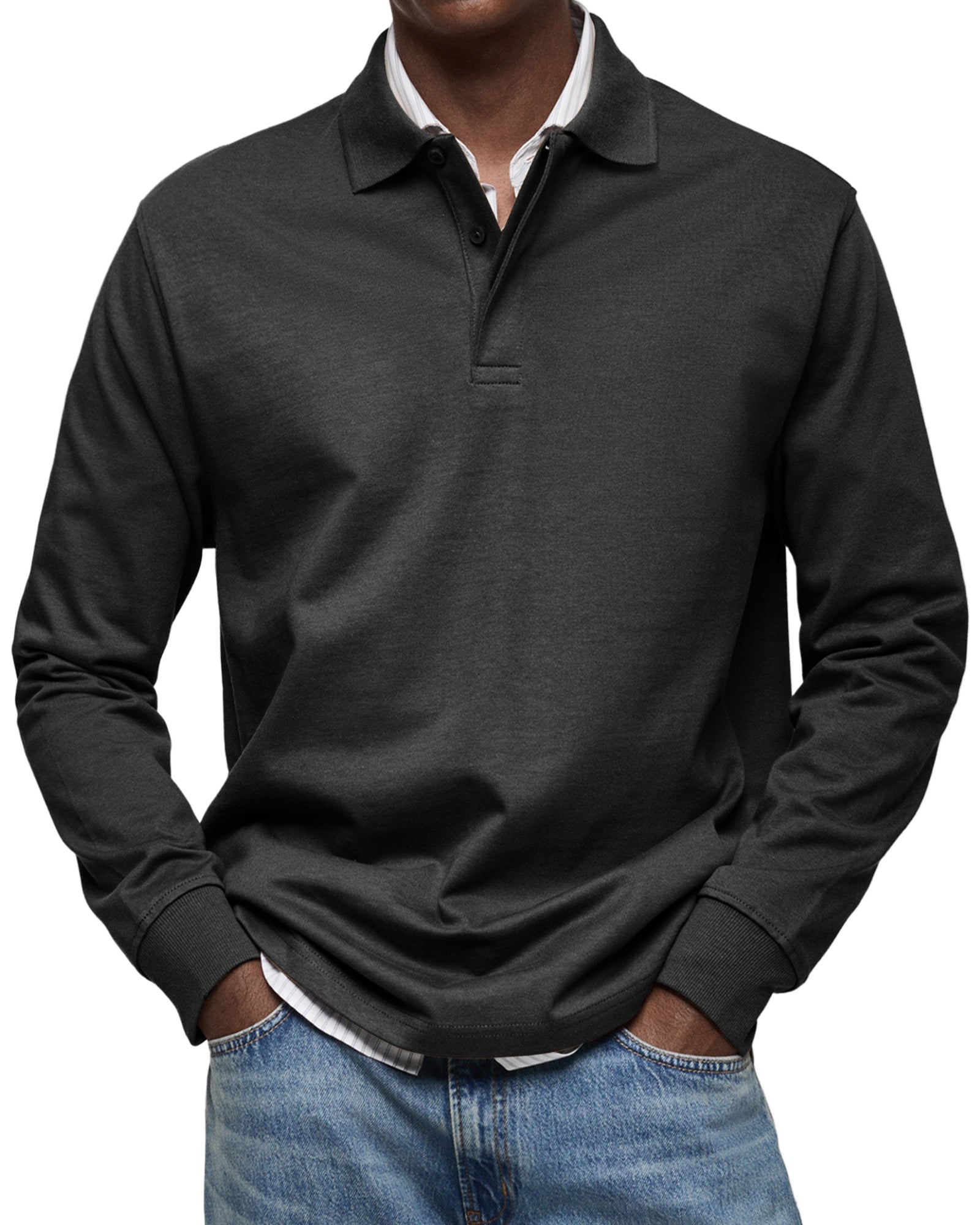 Men's Long-Sleeve Polo Shirt - Button Placket, Fold-Down Collar, Casual Wear
