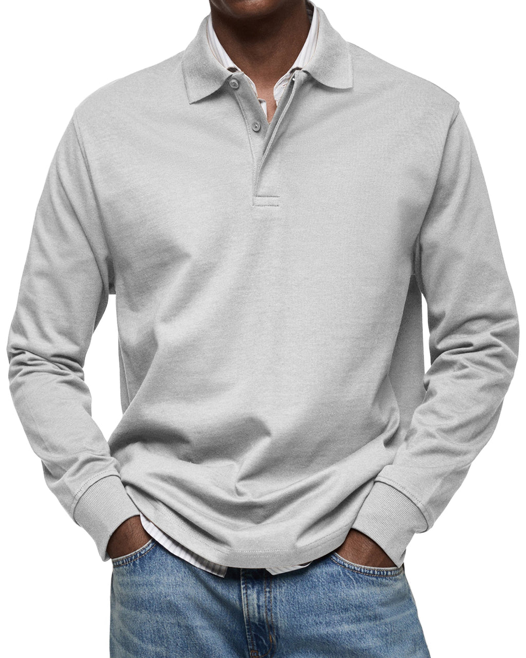 Men's Long-Sleeve Polo Shirt - Button Placket, Fold-Down Collar, Casual Wear