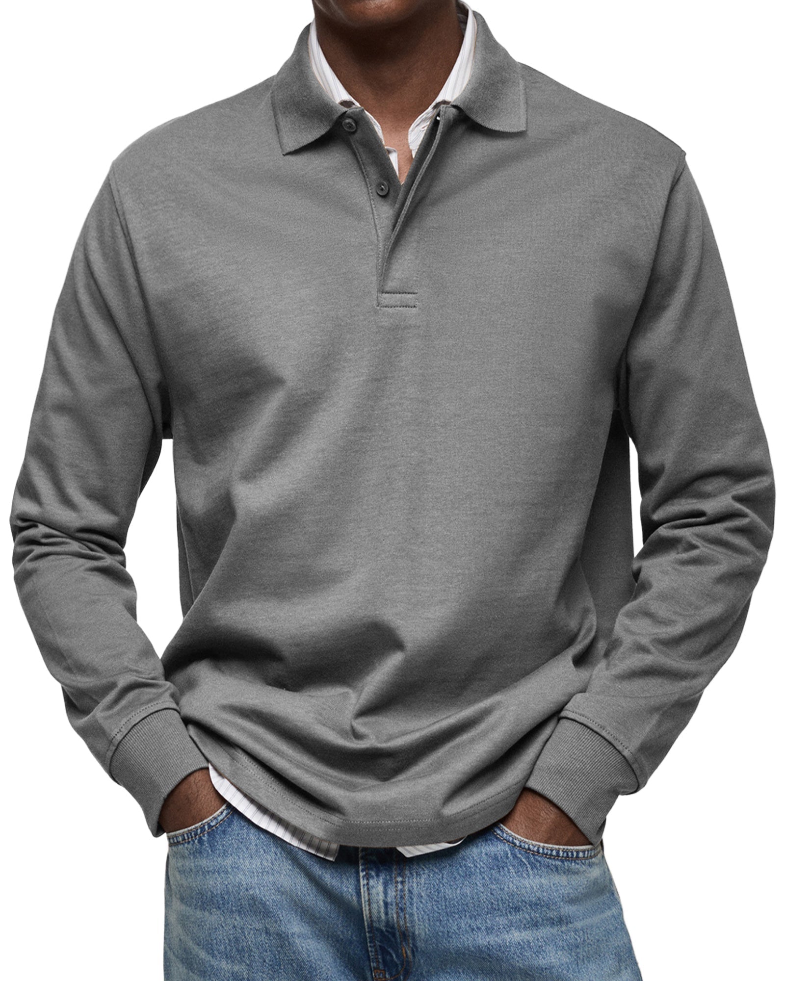 Men's Long-Sleeve Polo Shirt - Button Placket, Fold-Down Collar, Casual Wear