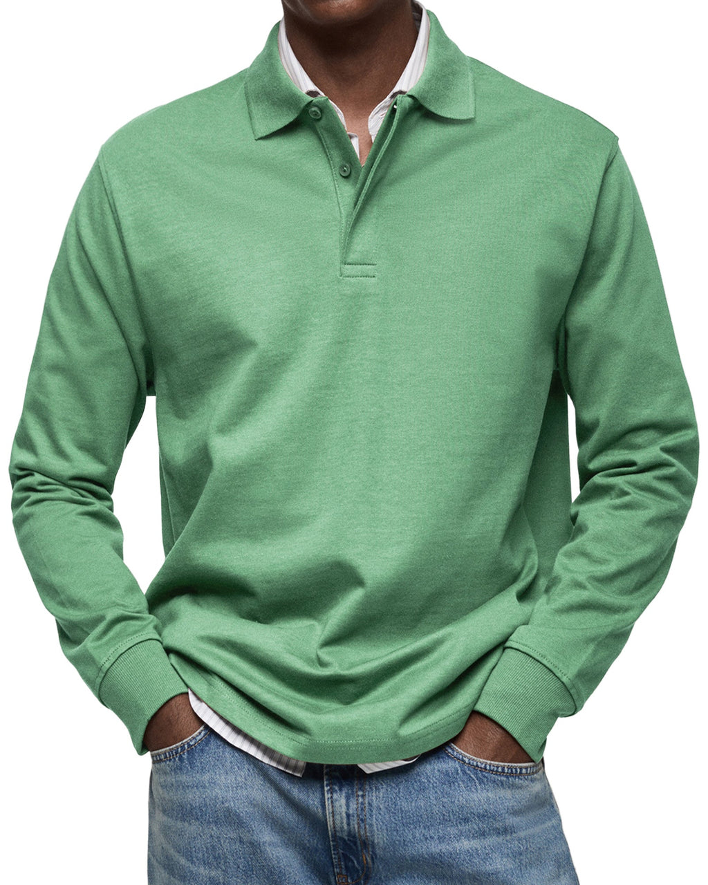 Men's Long-Sleeve Polo Shirt - Button Placket, Fold-Down Collar, Casual Wear