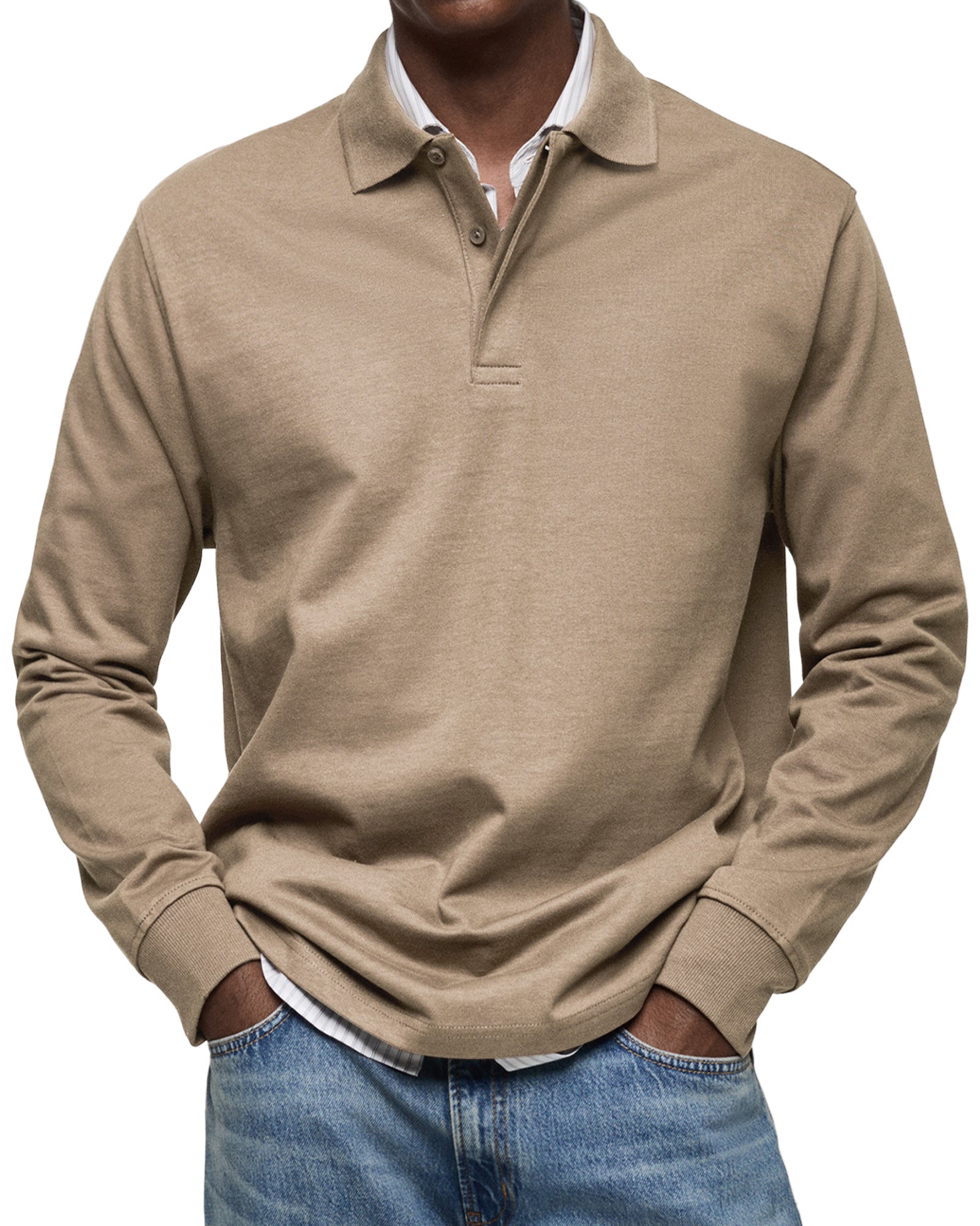 Men's Long-Sleeve Polo Shirt - Button Placket, Fold-Down Collar, Casual Wear