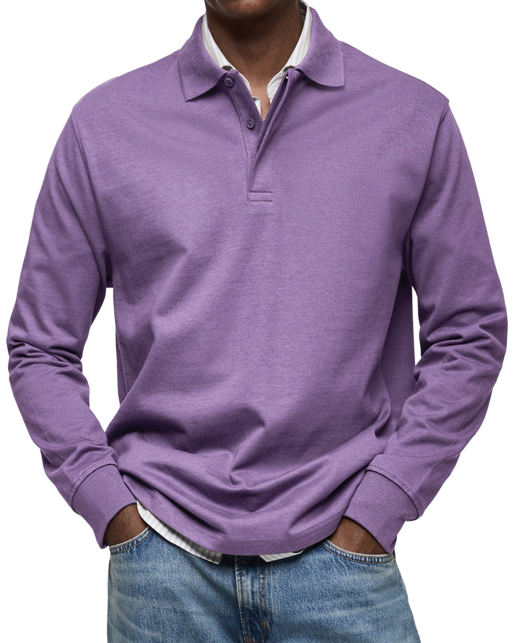 Men's Long-Sleeve Polo Shirt - Button Placket, Fold-Down Collar, Casual Wear